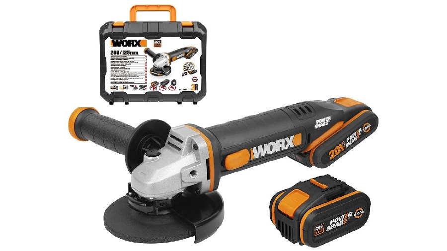 WORX - Meuleuse d'Angle sans Fil - Meuleuse Electrique avec Batterie 20 V  2,0 Ah/4,0 Ah - Avec 2 Batteries et Chargeur, Poignée Auxiliaire, Disque